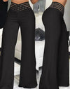 Elegant high-waist flared trousers for women with crisscross sheer mesh patch, perfect for office and casual wear.