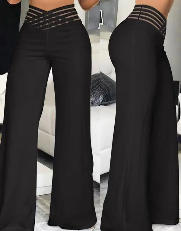 Elegant high-waist flared trousers for women with crisscross sheer mesh patch, perfect for office and casual wear.