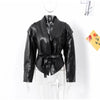 Chic belted leather bomber jacket for women, featuring lace-up detail, hood, and notched lapel, perfect for autumn and winter