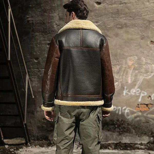 Close-up of the premium sheepskin leather on the bomber jacket.