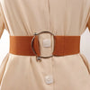 Chic Round Buckle Women's Elastic Waist Belt in neutral color, perfect for dresses, sweaters, and coats. Stylish and versatil
