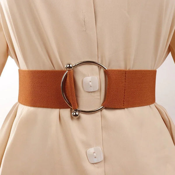 Chic Round Buckle Women's Elastic Waist Belt in neutral color, perfect for dresses, sweaters, and coats. Stylish and versatil