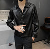 Men's luxury silk blend casual shirt in black with subtle graphic pattern, slim fit, perfect for spring and summer wear.