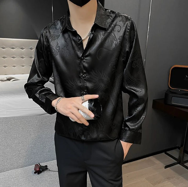 Men's luxury silk blend casual shirt in black with subtle graphic pattern, slim fit, perfect for spring and summer wear.