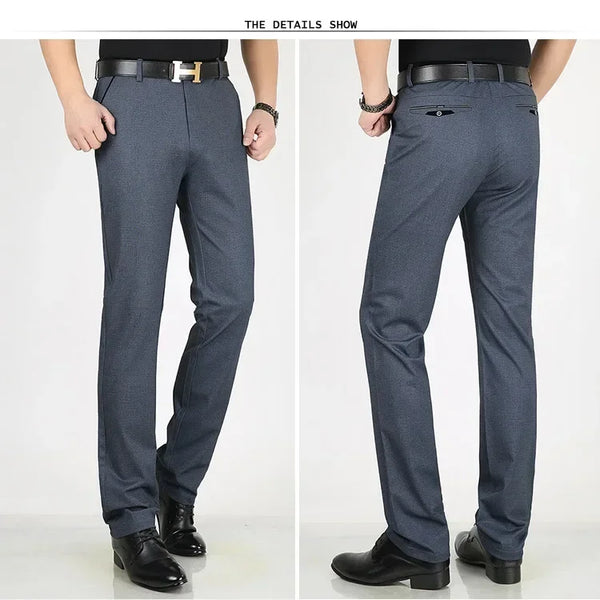 Classic men's dress pants in premium cotton, perfect for business and casual wear with a straight leg and zipper fly closure.
