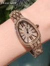Luxury diamond-studded watch with a snake-patterned stainless steel band.