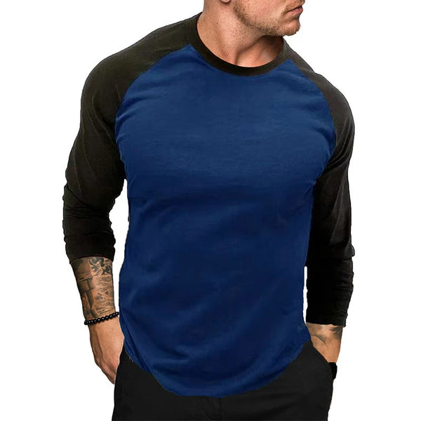 Men's Long Sleeve Slim Fit Splice Tee in soft polyester, featuring O-neck and unique splice detailing for casual style.