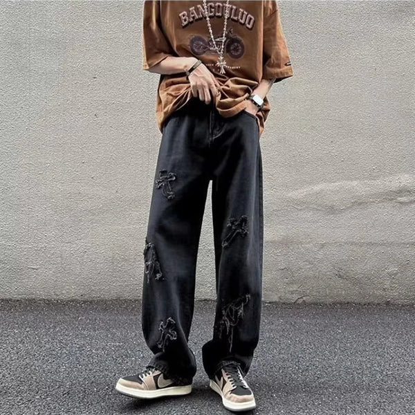 Comfortable blue wide-leg jeans with a full-length cut for versatility.