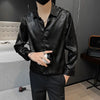 Men's luxury silk blend casual shirt in black with subtle graphic pattern, slim fit, perfect for spring and summer wear.