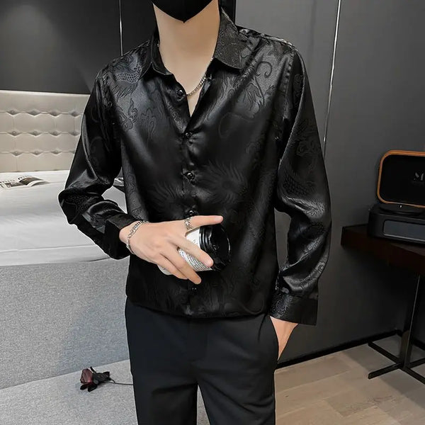 Men's luxury silk blend casual shirt in black with subtle graphic pattern, slim fit, perfect for spring and summer wear.