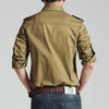 Slim fit military shirt for men in army green, long sleeve, cotton-polyester blend, perfect for casual and business wear.
