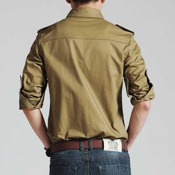 Slim fit military shirt for men in army green, long sleeve, cotton-polyester blend, perfect for casual and business wear.