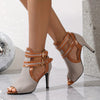 Chic buckle high heels with open-toe design, stiletto heel, and ankle strap for elegant summer outings or formal occasions.