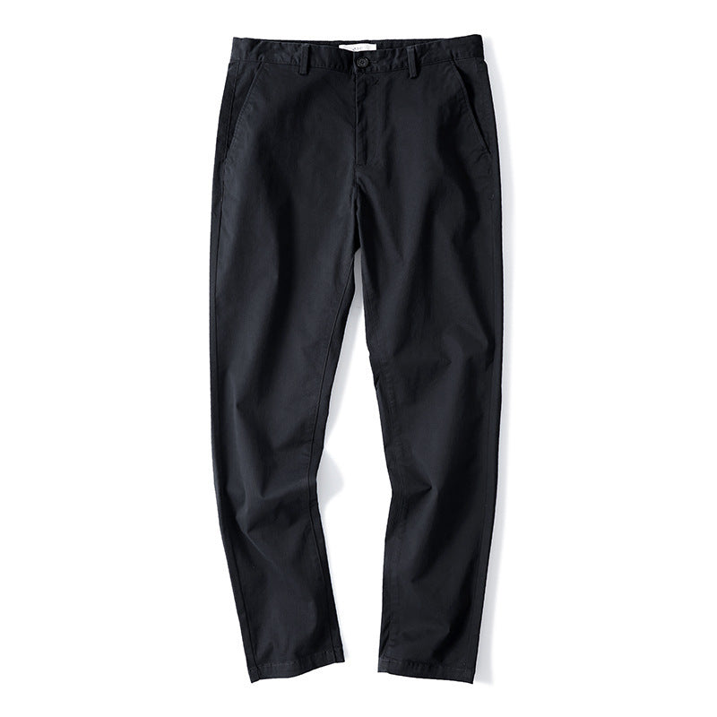 Men's Pure Cotton Casual Pants, Summer Business Attire, Straight Loose Cut in Dark Blue, Black, Khaki, Army Green, Gray - Mid-Waist, Zipper Fly.