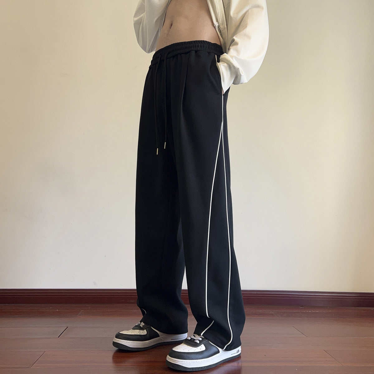 Men's Black & White Stripes Wide-Leg Summer Pants, Polyester Blend, Mid-Waist Drawstring, Sizes M-3XL, Casual Fashion