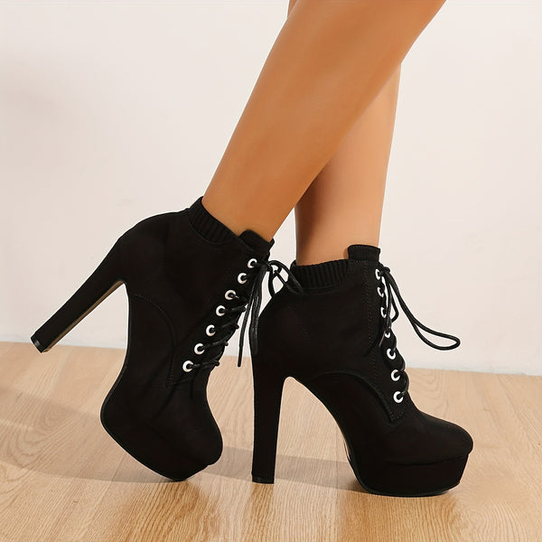 Chic velvet ankle boots with platform block heel, side zipper, round toe, perfect for elegant and comfortable all-season wear