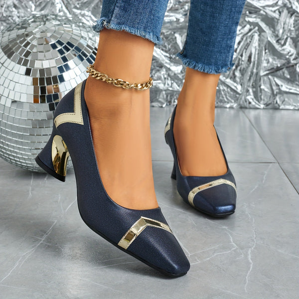 Chic glitter block heel pumps with square toe, perfect for all-season wear and stylish comfort at any occasion.