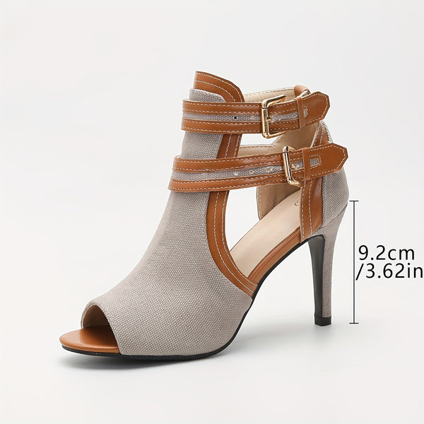 Chic buckle high heels with open-toe design, stiletto heel, ankle strap, and durable rubber sole for elegant summer outings.