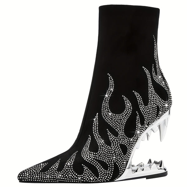 Glamorous rhinestone heels with flame pattern, pointed toe, side zipper, perfect for evening wear and nightclub events.