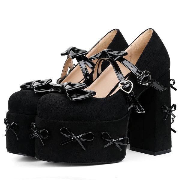 Chic Bow Cross Buckle Platform Pumps in black, featuring a block heel and square toe, perfect for Y2K fashion and formal even