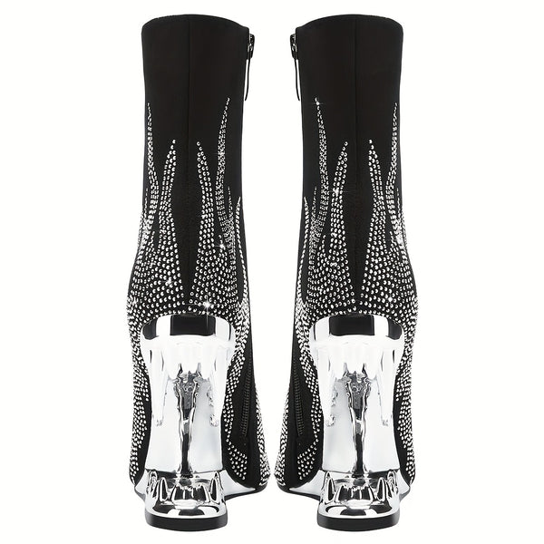 Glamorous rhinestone heels with flame pattern, pointed toe, side zipper, perfect for evening wear and nightclub events.