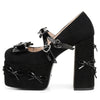 Chic Bow Cross Buckle Platform Pumps in black with block heel, bow embellishment, and square toe for Y2K fashion style.
