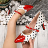 Chic polka dot Mary Jane kitten heels with heart-shaped ankle strap, perfect for vintage style and all-season wear.