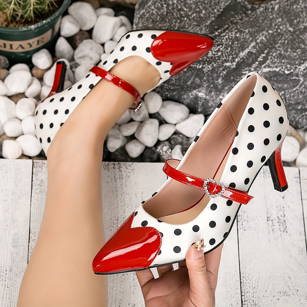 Chic polka dot Mary Jane kitten heels with heart-shaped ankle strap, perfect for vintage style and all-season wear.