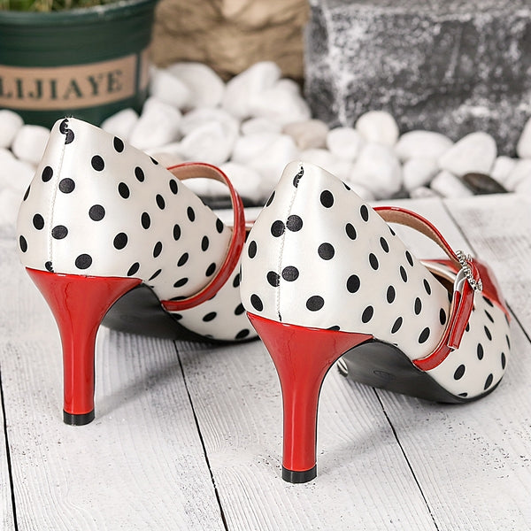 Chic Polka Dot Mary Jane Kitten Heels with heart-shaped ankle strap, perfect for vintage style and all-season wear.
