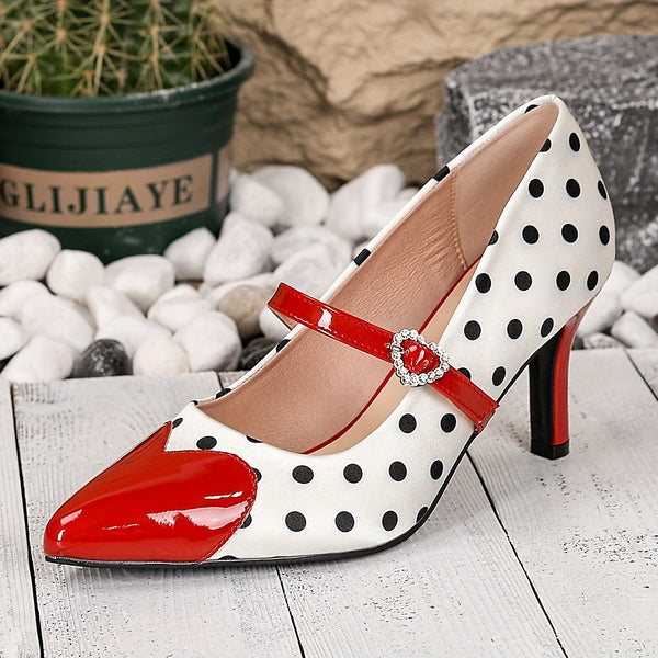 Chic polka dot Mary Jane kitten heels with heart ankle strap, perfect for vintage style and all-season comfort.