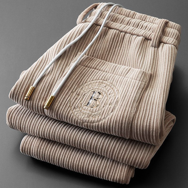 Trendy Men's Corduroy Sweatpants in Fashion Brand Embroidery - Apricot/Brown Variants - High-Quality Cotton Blend - Exquisite Craftsmanship