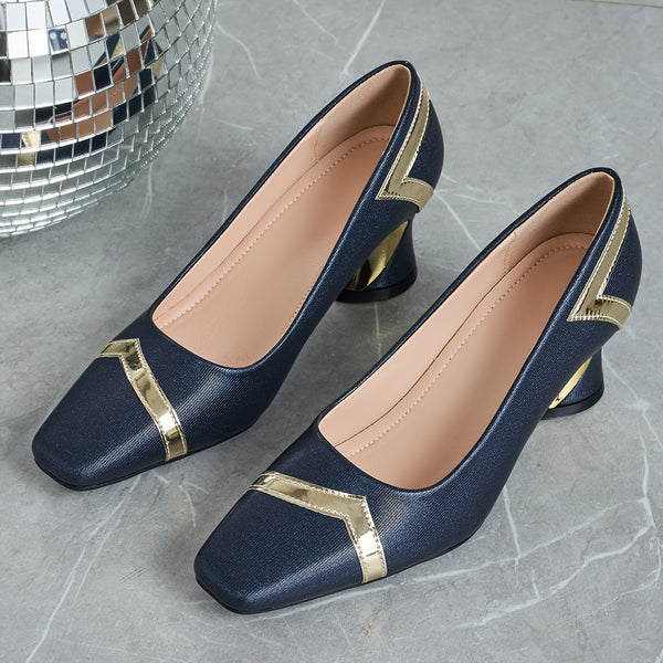 Chic glitter block heel pumps with square toe, perfect for all-season wear and stylish comfort at any occasion.