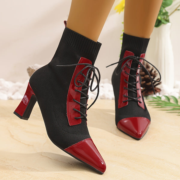 Chic black and red pointed toe lace-up booties with block heel, perfect for all-season stylish comfort and versatility.