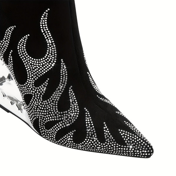 Glamorous rhinestone heels with flame pattern, pointed toe, side zipper, perfect for evening wear and nightclub events.