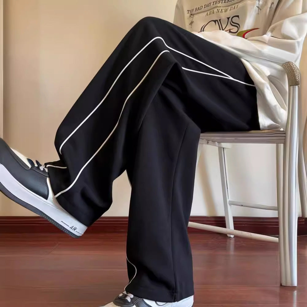 Men's Black & White Stripes Wide-Leg Summer Pants, Mid-Waist Drawstring, Polyester Blend, Sizes M-3XL