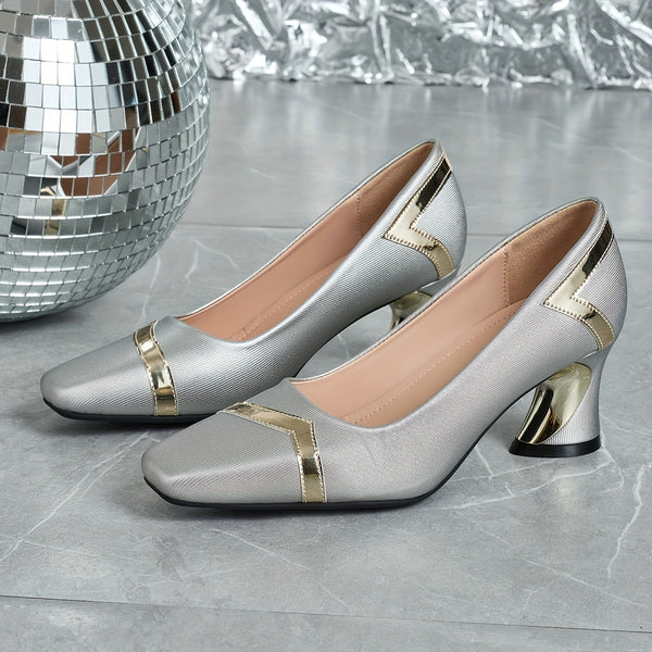 Chic glitter block heel pumps with square toe, perfect for all-season wear and stylish comfort at any occasion.
