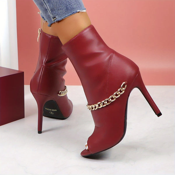 Glossy pink stiletto pumps with back zipper, stylish ankle boots for parties and formal events, slip-resistant sole.