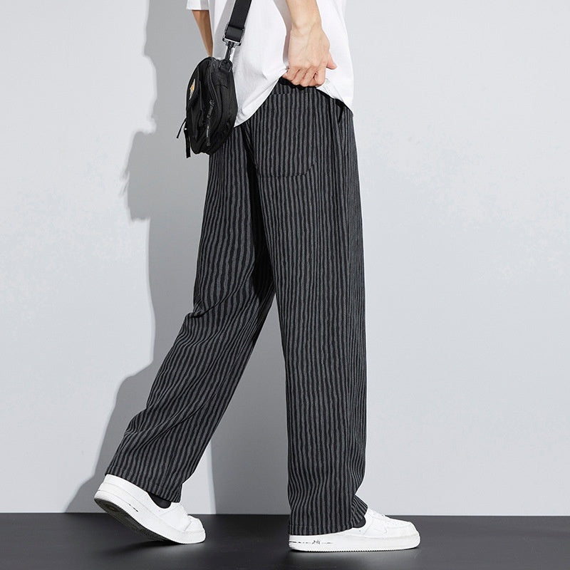 Men's Retro Striped Wide Leg Pants, Comfortable Mid-Waist, Black & Gray, Sizes M-4XL