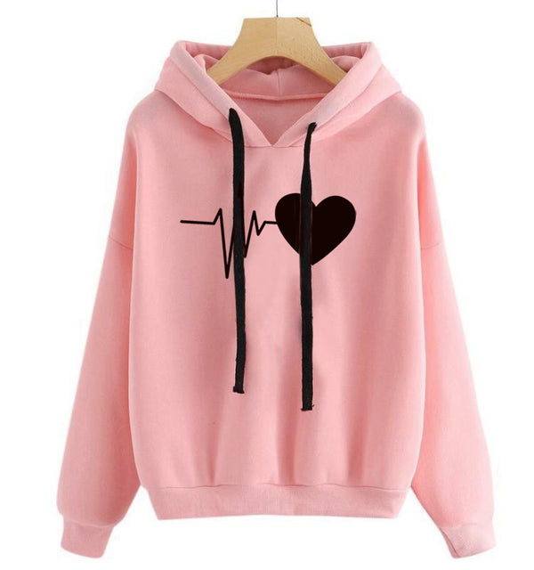 Chic Long-Sleeve Heart Print Hoodie in Pink, Yellow, Grey, Black, or Burgundy for Women - Urban Hipster Style & Optimal Comfort