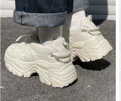 Sleek Ultra-thin Elevator Sneakers in White with Resin Sole and Ribbon Accent in Multiple Sizes
