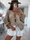 Chic Women's 3/4 Sleeve Cardigan Sweater in Pink - Lace-up and Ruffled Sleeves - Polyester Fabric - Trendy Casual and Formal Wear