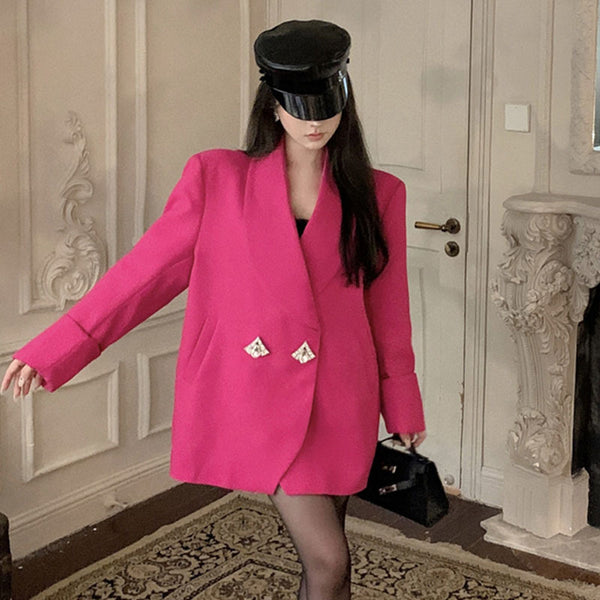 Elegant Retro-Style Rose Red Ladies Suit Jacket, Slim Fit Polyester Women's Fashion.