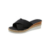 Plus Size Peep-Toe Wedge Sandals: Cloth Covered Platform Slippers - Women's Casual Shoes in Black, Camel, or Apricot - Sizes 35-43