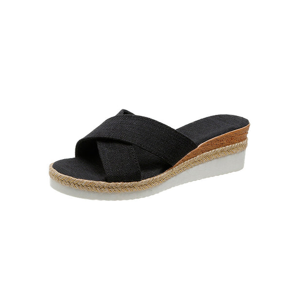 Plus Size Peep-Toe Wedge Sandals: Cloth Covered Platform Slippers - Women's Casual Shoes in Black, Camel, or Apricot - Sizes 35-43