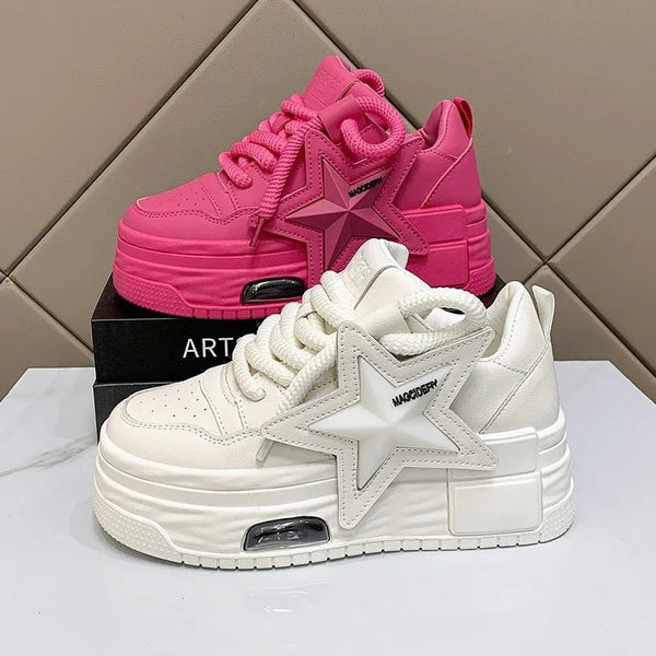 Women's Lightweight Platform Sneakers in White and Pink, Stylish All-Match Fashion Shoes