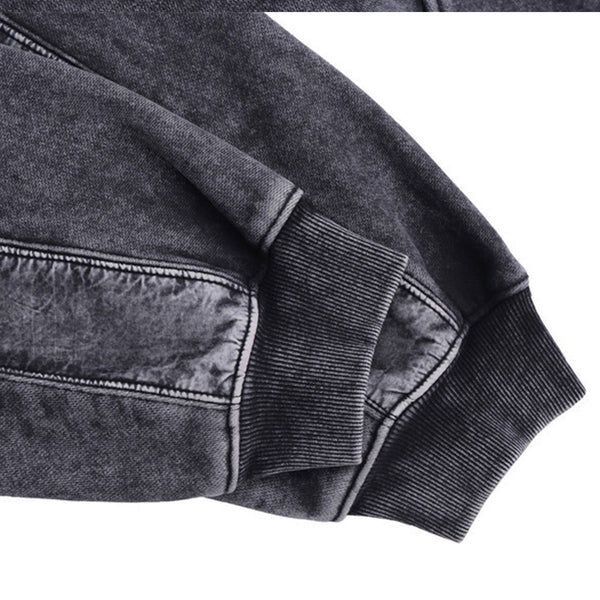 Men's Distressed Hooded Sweater in Neutral Grey, Fleece-Lined Winter Pullover with Hood and Split Stitch. Street Style Fashion for Men.