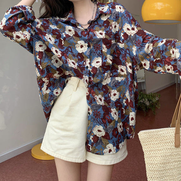 Trendy Long Sleeve Patterned Top, Loose Fit Blouse, Polyester Shirt - Button-Print Style - Women's Fashion.