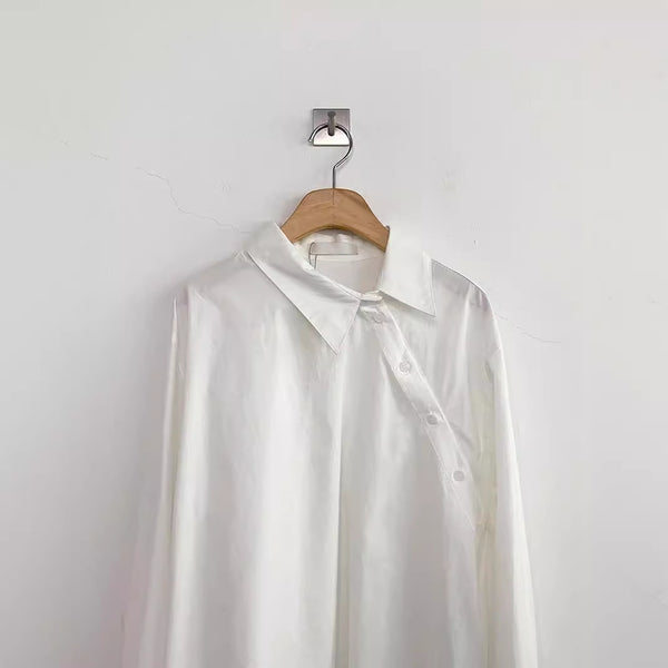 Chic Solid Color Long Sleeve Women's Cotton Shirt in Light Blue and White