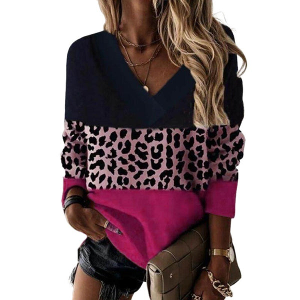 Chic Leopard Print V-Neck Sweatshirt in Colorful Hues - Slim Fit and Stylish Women's Top - Polyester Blend - Trendy Fashion Piece.