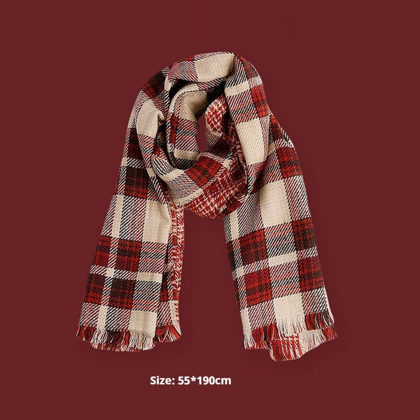 Warm & Cozy Winter Plaid Wool Scarf - Red Snowflake & Christmas Tree Print